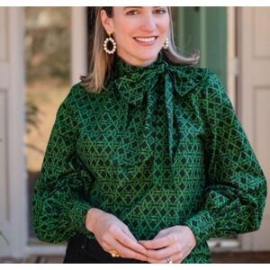 a loves a Green Black Geometric Print Bow Blouse Top L